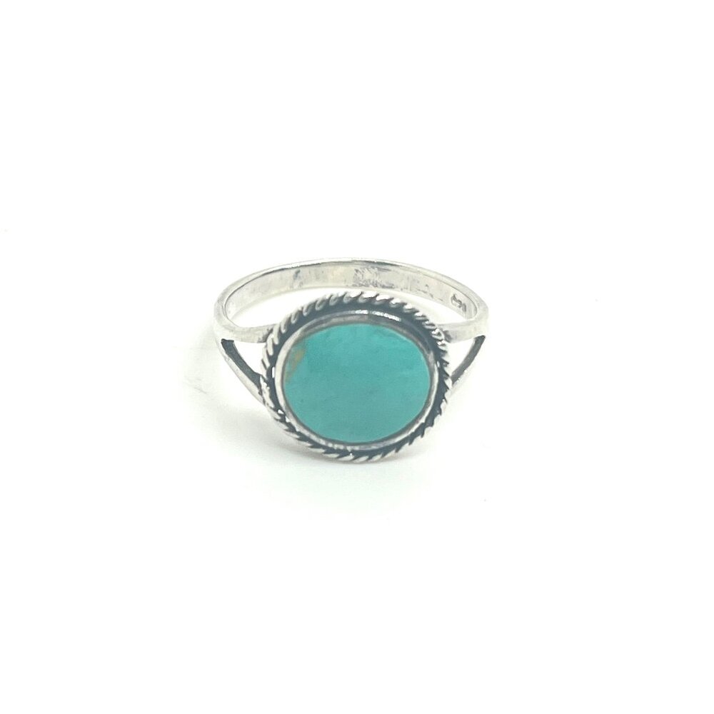 VINTAGE STERLING SILVER RING TURQUOISE STONE ROUND ROPE SETTING SOUTHWESTERN 6